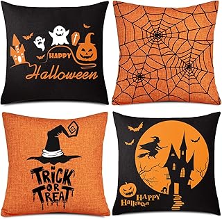 Whaline 4 Pieces Halloween Pillow Case, Orange and Black Pillow Cover, Happy Halloween Linen Sofa Bed Throw Cushion - Image 1