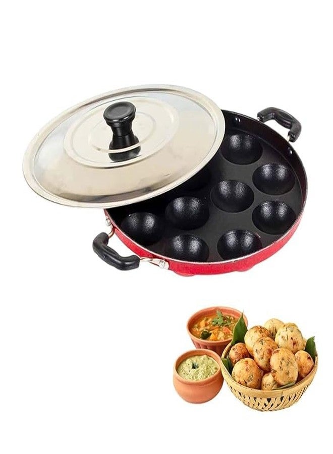 PUHBRHY Non-Stick 12 Cavity Appam Patra Pan with Stainless Steel Lid | 2 Side Handle | Multipurpose Appam Maker | Appam Patra | Appam pan | Litti Maker | Appe Stand | Dishwasher Safe (Red) - Image 1