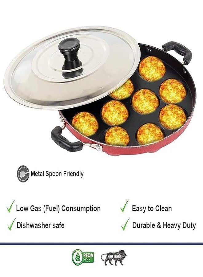 PUHBRHY Non-Stick 12 Cavity Appam Patra Pan with Stainless Steel Lid | 2 Side Handle | Multipurpose Appam Maker | Appam Patra | Appam pan | Litti Maker | Appe Stand | Dishwasher Safe (Red) - Image 3