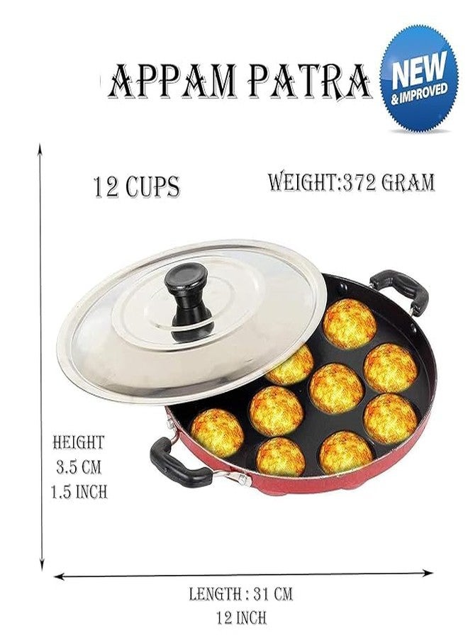 PUHBRHY Non-Stick 12 Cavity Appam Patra Pan with Stainless Steel Lid | 2 Side Handle | Multipurpose Appam Maker | Appam Patra | Appam pan | Litti Maker | Appe Stand | Dishwasher Safe (Red) - Image 4