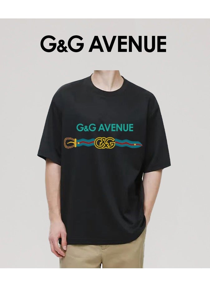 G&G AVENUE Men's Oversized round neck T-shirt, pure cotton thick and high-quality, 1/2 sleeve shirt slim fit new trend black Heavy cotton fabric - Image 4