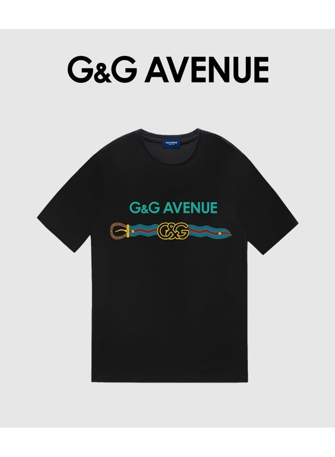 G&G AVENUE Men's Oversized round neck T-shirt, pure cotton thick and high-quality, 1/2 sleeve shirt slim fit new trend black Heavy cotton fabric - Image 2