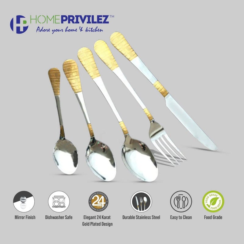 HOMEPRIVILEZ HOMEPRIVILEZ Nora 24 Karat Like Gold Plated Cutlery Set 18Pcs 6 Dinner Spoon 6 Dinner Forks 6 Teaspoon  - Image 3