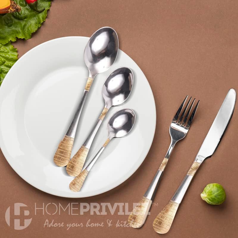HOMEPRIVILEZ HOMEPRIVILEZ Nora 24 Karat Like Gold Plated Cutlery Set 18Pcs 6 Dinner Spoon 6 Dinner Forks 6 Teaspoon  - Image 4