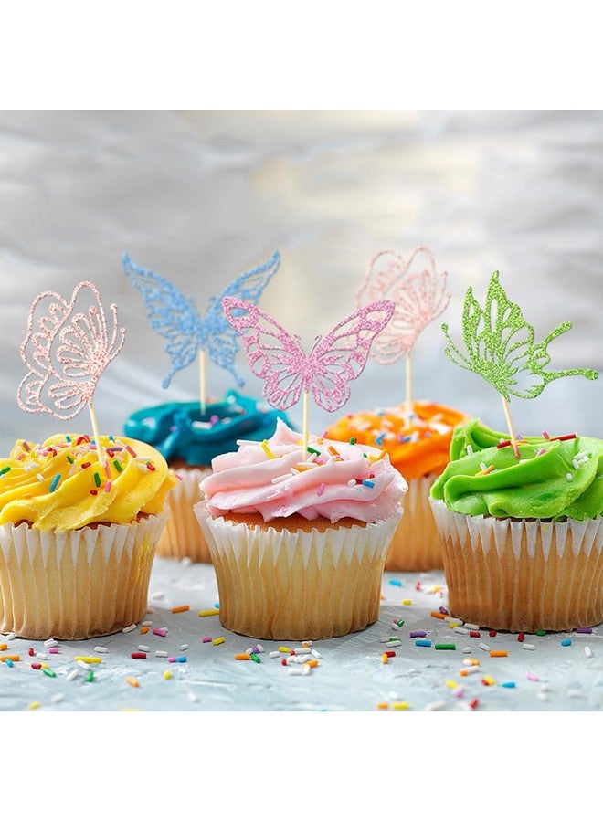 Morndew 24 PCS Glitter Colorful Butterfly Cupcake Toppers for Kids Birthday Party Baby Shower Wedding Party Decoration - Image 5
