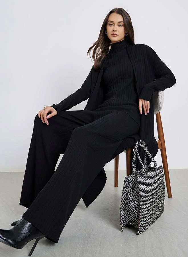 Styli Set of 3 - Ribbed Knit Top, Cardigan and Pants