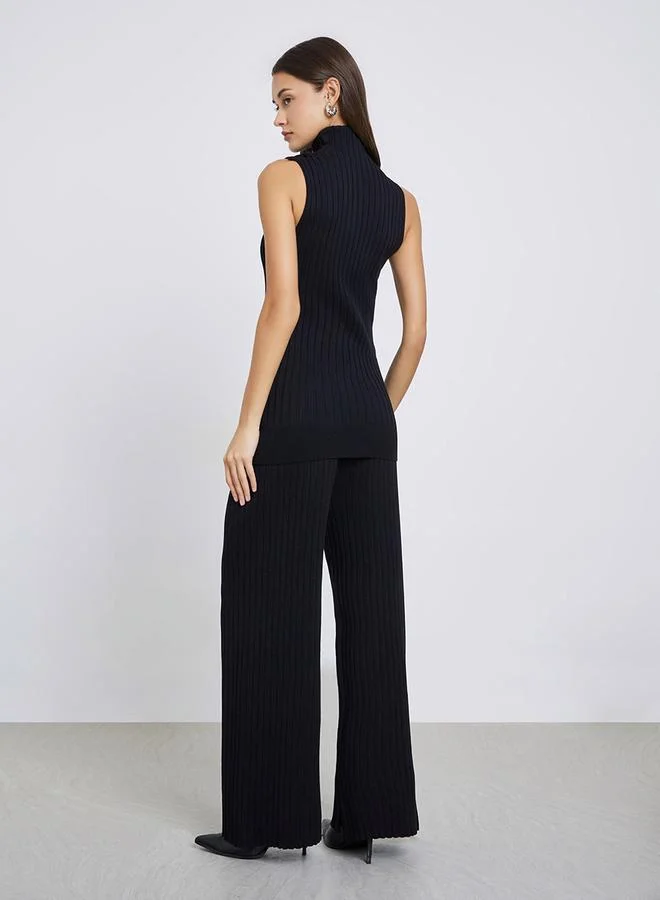 Styli Black Set of 3 - Ribbed Knit Top, Cardigan and Pants for Women | Best Price UAE