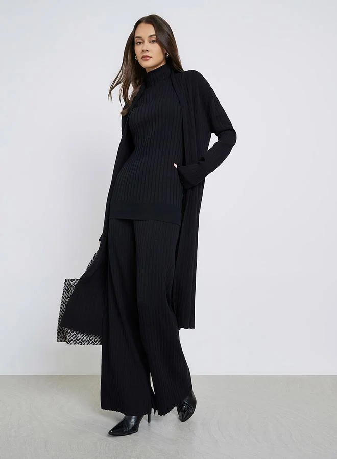 Styli Black Set of 3 - Ribbed Knit Top, Cardigan and Pants for Women | Best Price UAE