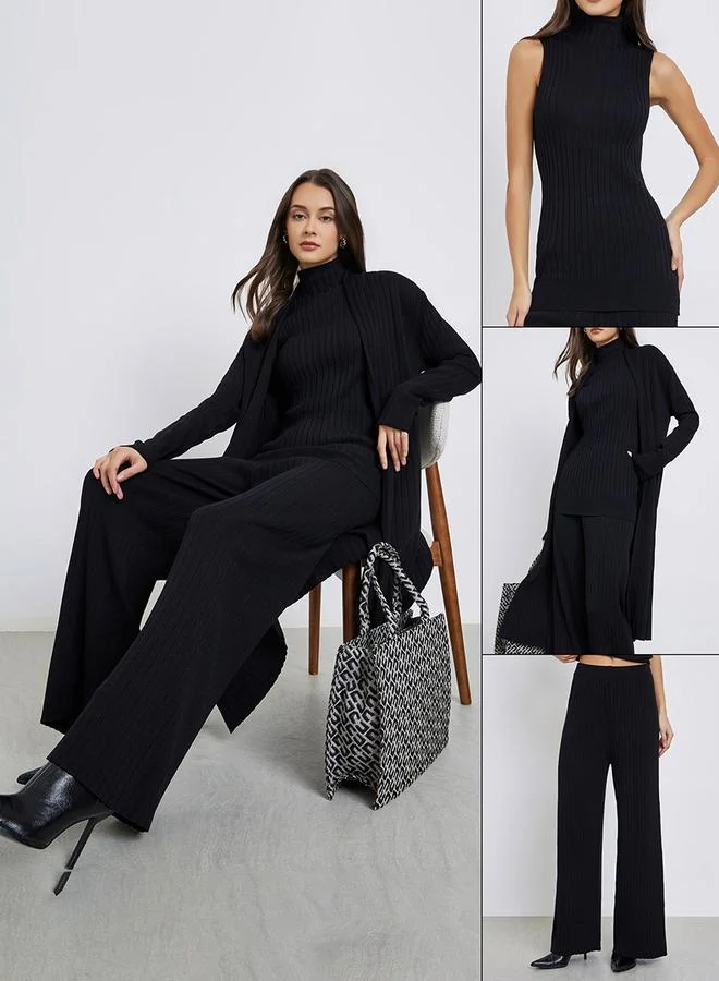 Styli Set of 3 - Ribbed Knit Top, Cardigan and Pants