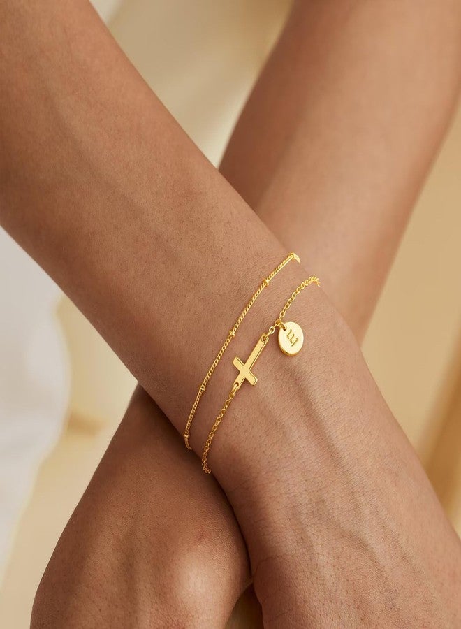 M MOOHAM Initial Cross Bracelets for Women - Dainty Layered Disc Letter A Bracelets Cross Jewelry for Women, First Communion Gifts for Women Christian Gifts Baptism Religious - Image 3