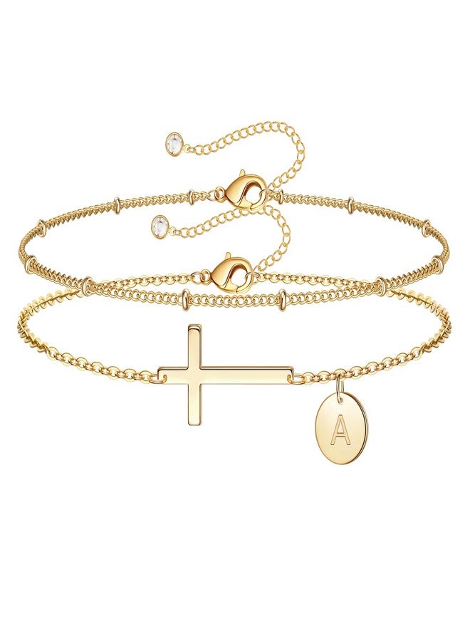 M MOOHAM Initial Cross Bracelets for Women - Dainty Layered Disc Letter A Bracelets Cross Jewelry for Women, First Communion Gifts for Women Christian Gifts Baptism Religious - Image 1