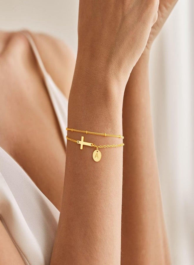 M MOOHAM Initial Cross Bracelets for Women - Dainty Layered Disc Letter A Bracelets Cross Jewelry for Women, First Communion Gifts for Women Christian Gifts Baptism Religious - Image 4