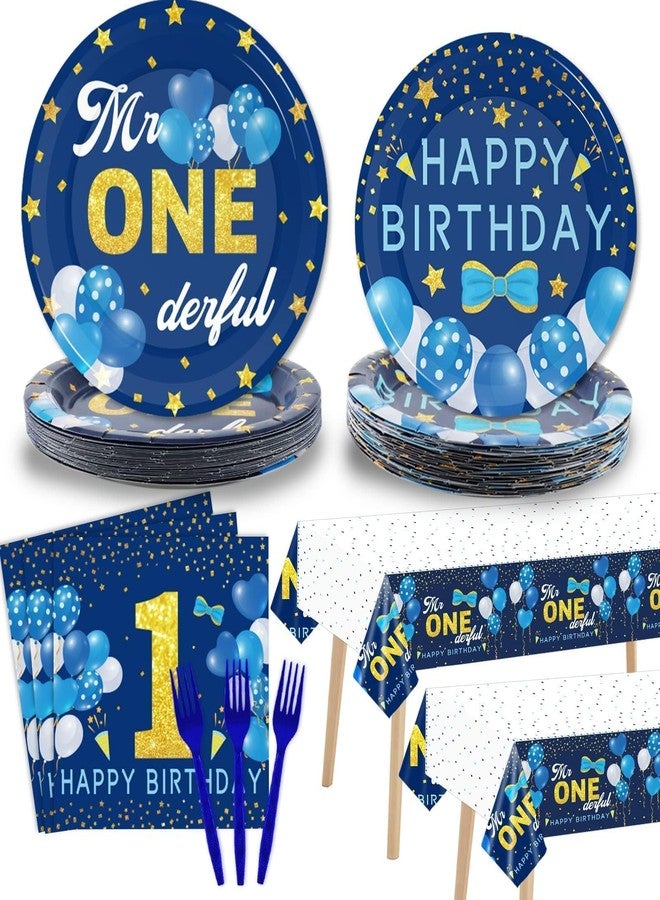 Tevxj 98 Pieces Mr Onederful 1st Birthday Party Decorations Boy 1st Birthday Tableware Set Blue Tablecloth Plates Party Supplies Kit for Baby Boy First Table Cover Dinnerware Favors - Image 1