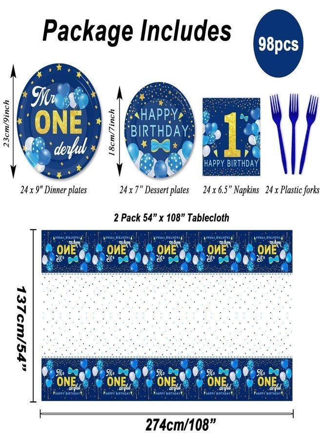 Tevxj 98 Pieces Mr Onederful 1st Birthday Party Decorations Boy 1st Birthday Tableware Set Blue Tablecloth Plates Party Supplies Kit for Baby Boy First Table Cover Dinnerware Favors - Image 3