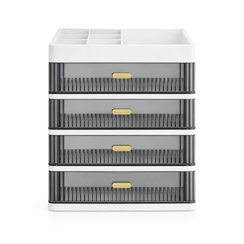 HoopVool® Countertop Organizer with Drawers Plastic Storage for Makeup Brush,Hair Accessories,Jewelry,Skincare Vanity Display, Skin Care Products, Office Desk Organizer (White-2, Layer-4) - Image 1