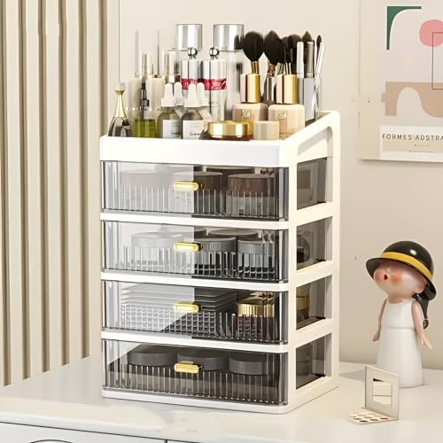 HoopVool® Countertop Organizer with Drawers Plastic Storage for Makeup Brush,Hair Accessories,Jewelry,Skincare Vanity Display, Skin Care Products, Office Desk Organizer (White-2, Layer-4) - Image 2