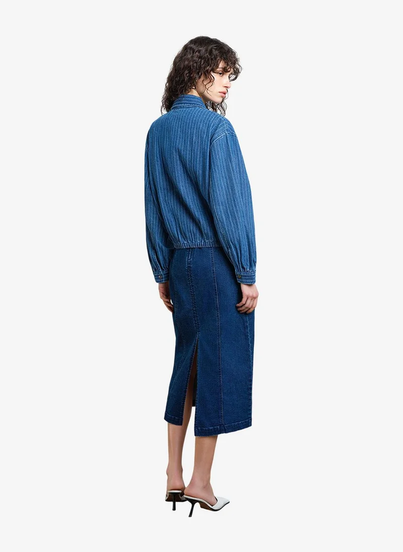 French Connection  Women's Cherrie Pinstripe Denim Zip Up Bomber Jacket for Women | Best Price UAE