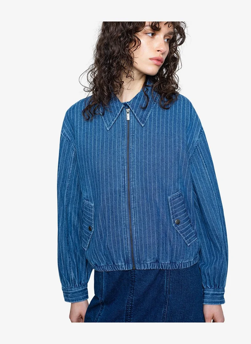 Women's Cherrie Pinstripe Denim Zip Up Bomber Jacket