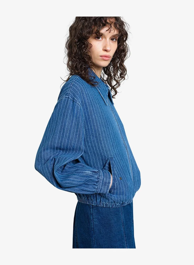 French Connection  Women's Cherrie Pinstripe Denim Zip Up Bomber Jacket for Women | Best Price UAE