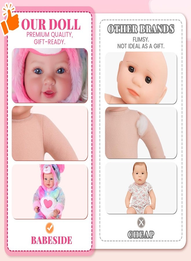 BABESIDE Baby Dolls, 15-Inch Realistic Cute Soft Cloth Body Baby Doll Real Life Baby Dolls with Accessories in Rainbow Plush Bear Outfit for 3+ Year Old Girls Gifts, Pretend Play, Collection - Image 3