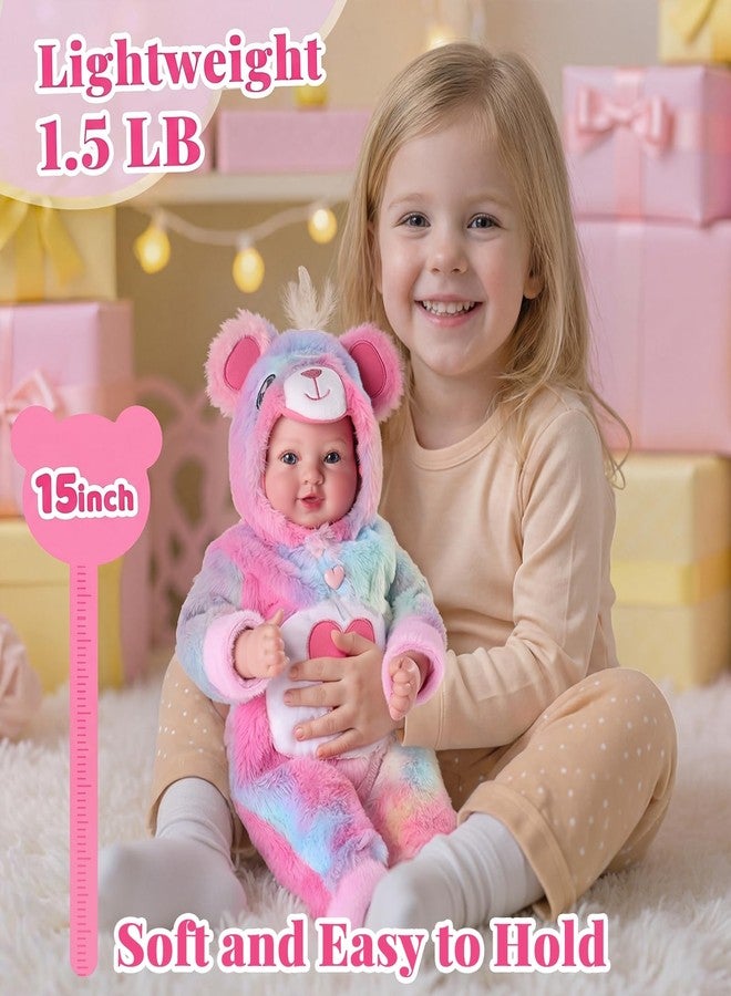 BABESIDE Baby Dolls, 15-Inch Realistic Cute Soft Cloth Body Baby Doll Real Life Baby Dolls with Accessories in Rainbow Plush Bear Outfit for 3+ Year Old Girls Gifts, Pretend Play, Collection - Image 2