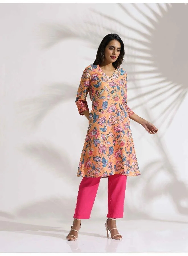 trueBrowns Orange Print Kurta Co-ord Set