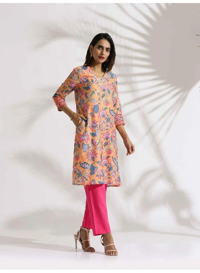 trueBrowns Orange Print Kurta Co-ord Set