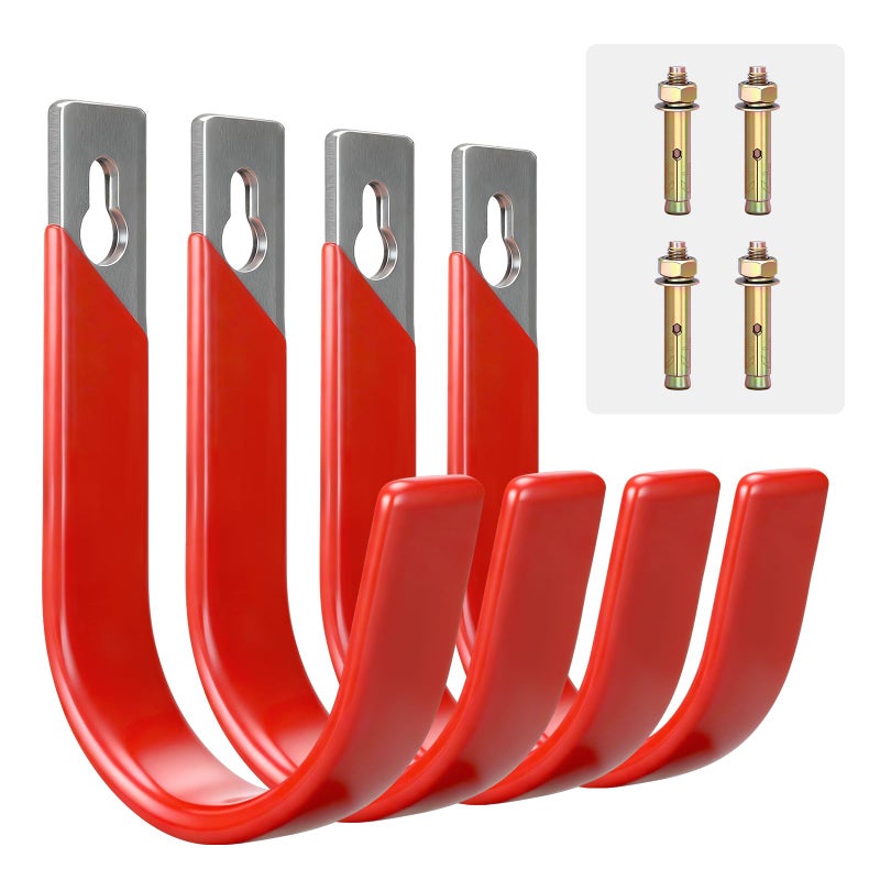 Pruite Garage Wall Hooks for Hanging Heavy Duty, 4 Pack Garage Organizer Storage Hooks Wall Mount for Garden Hoses, Brooms, Ladders, Garage Storage - Image 1