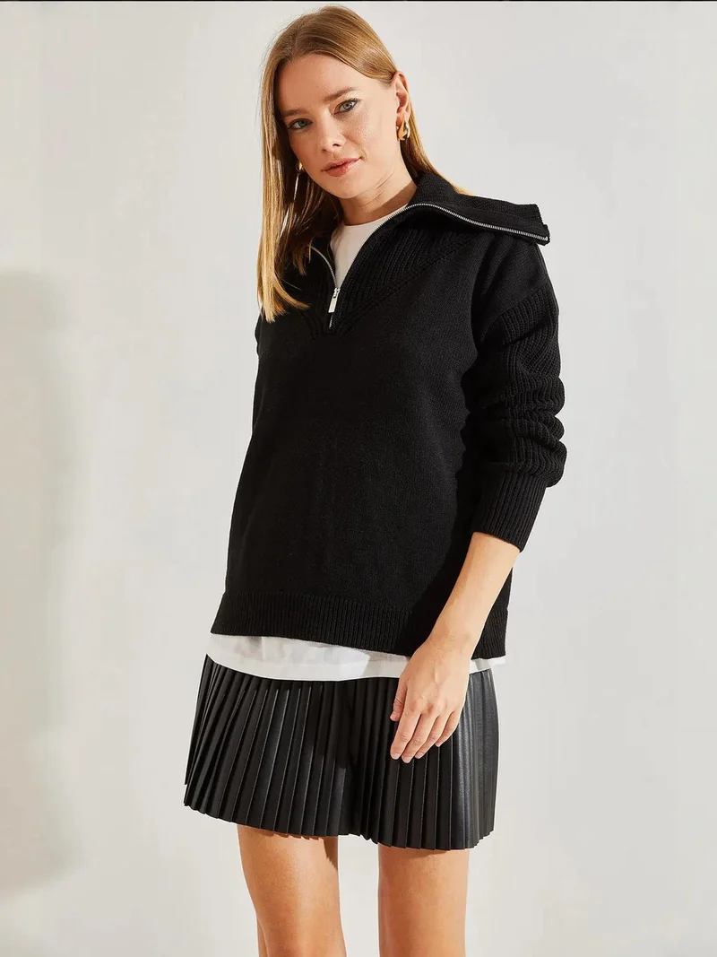Bianco Lucci LUCCI Zipper Collar Knit Sweater