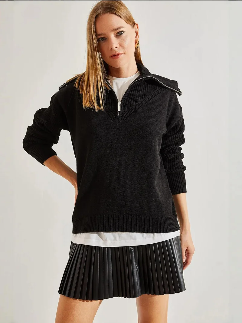 Bianco Lucci LUCCI Zipper Collar Knit Sweater