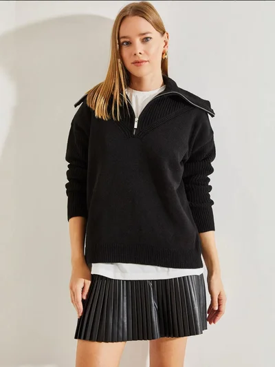 Bianco Lucci LUCCI Zipper Collar Knit Sweater