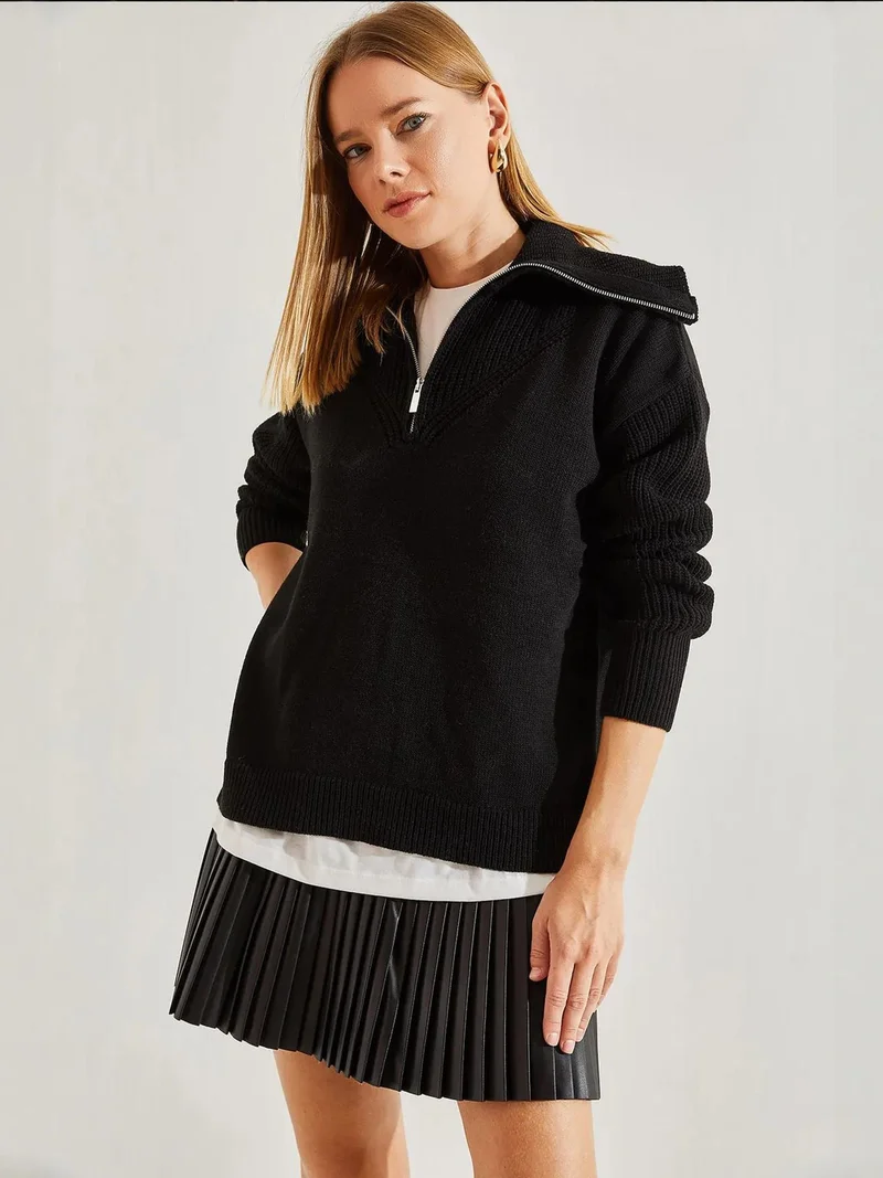 Bianco Lucci LUCCI Zipper Collar Knit Sweater