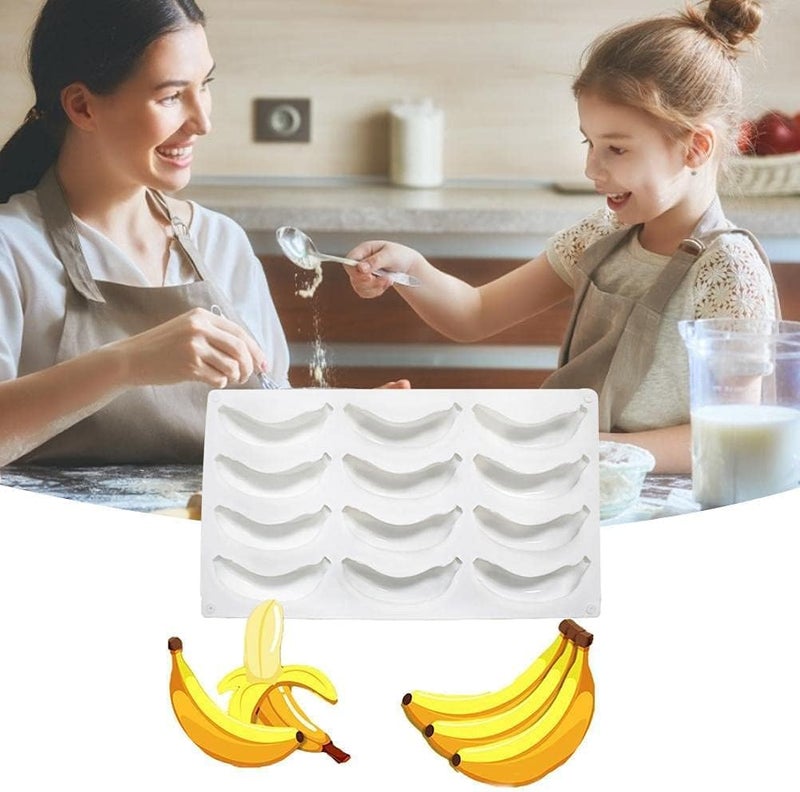 12 Cavity Banana Shaped Silicone Mold for Baking Mousse, Cake, Cupcake Topper Decoration - Image 1