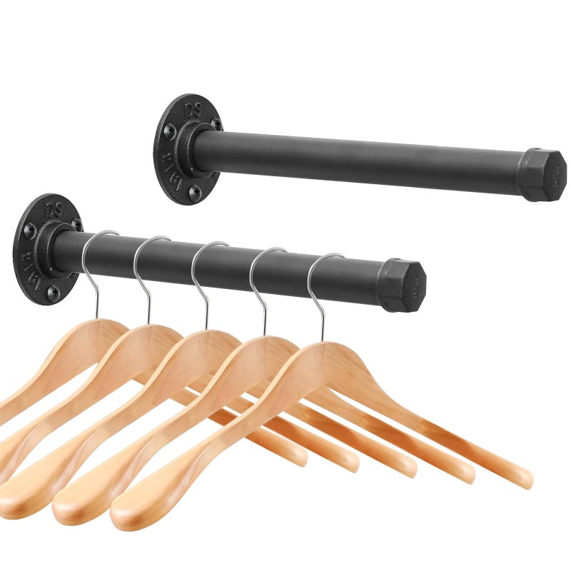Cazzon Cast Iron Wall Mounted Clothes Rack, Heavy Duty Industrial Pipe Clothing Rack for Hanging Clothes, Garment Racks for Wardrobe Organizers and Storage, DIY Closet Rods Closet Bar (Black 2 Pack, 12 in) - Image 1