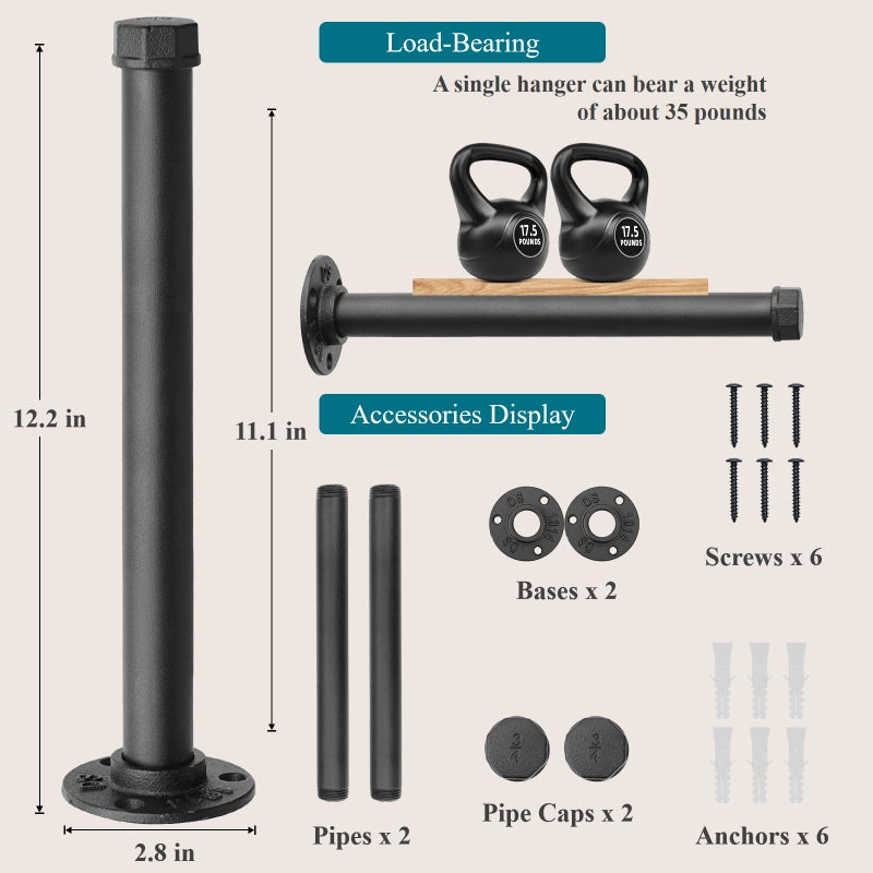 Cazzon Cast Iron Wall Mounted Clothes Rack, Heavy Duty Industrial Pipe Clothing Rack for Hanging Clothes, Garment Racks for Wardrobe Organizers and Storage, DIY Closet Rods Closet Bar (Black 2 Pack, 12 in) - Image 2