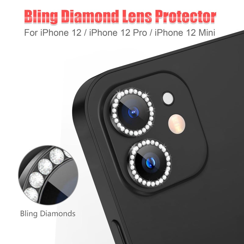 AGVEE 3+3 6 Pack for iphone 12 Pro/12/12 Mini/11 Pro Max/11 Pro/11 Camera Lens Protector, Bling Diamond & Bling Glitter Metal Ring 9H Tempered HD Glass Camera Cover, Bling-Black - Image 4