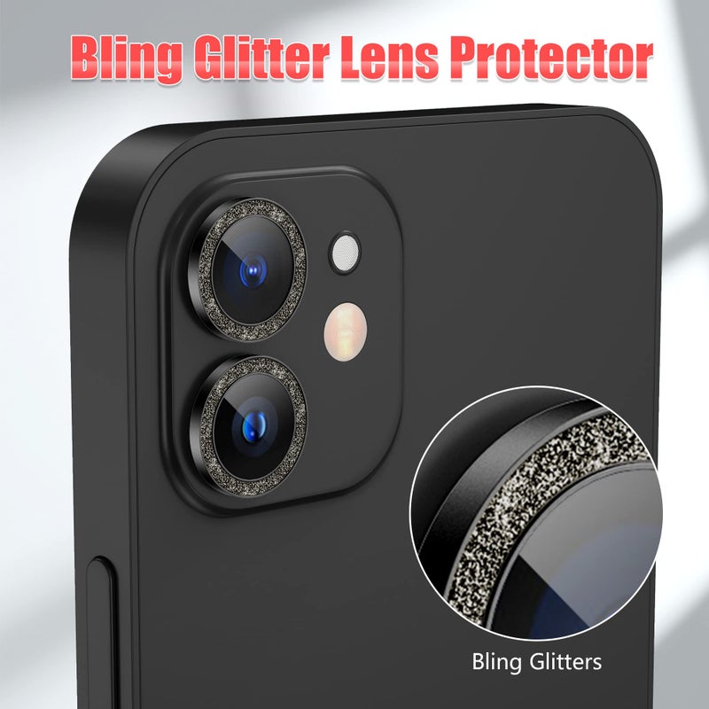 AGVEE 3+3 6 Pack for iphone 12 Pro/12/12 Mini/11 Pro Max/11 Pro/11 Camera Lens Protector, Bling Diamond & Bling Glitter Metal Ring 9H Tempered HD Glass Camera Cover, Bling-Black - Image 5