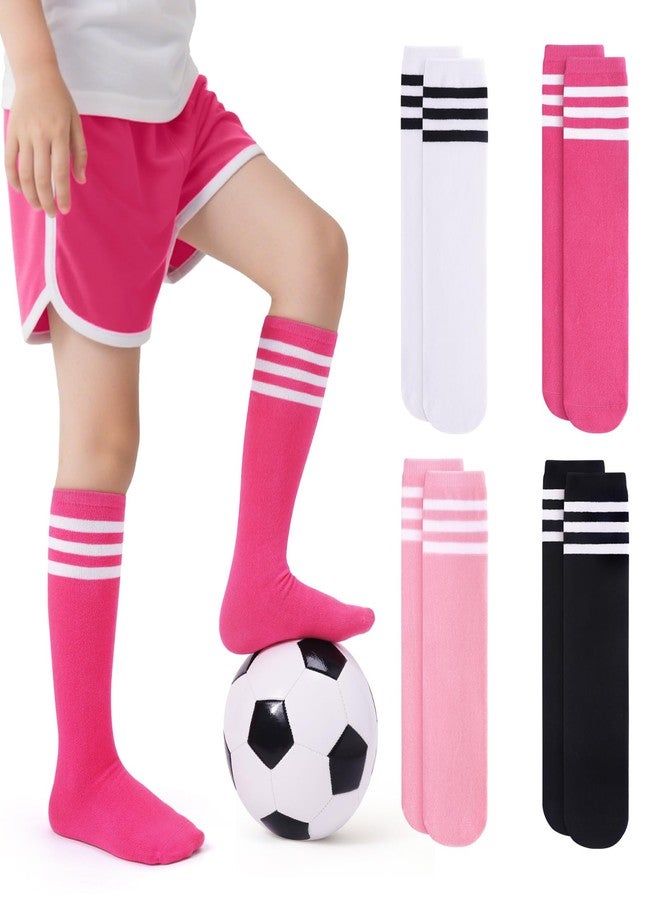 VEKDA 4 Pairs Kids Soccer Socks Toddler Boys Girls Athletic Youth Baseball Socks Knee High Seamless Toe Black/Pink/White/Rose M - Image 1