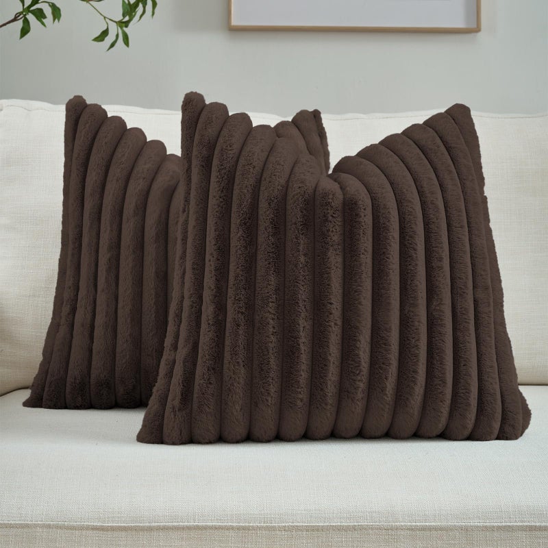 FUTEI Pack of 2 Fluffy Faux Fur Throw Pillow Covers 18x18 Inch Elegant Striped Textured Decorative Cushion Cases Modern Accent Pillow for Couch Bed Living Room Dark Coffee - Image 2