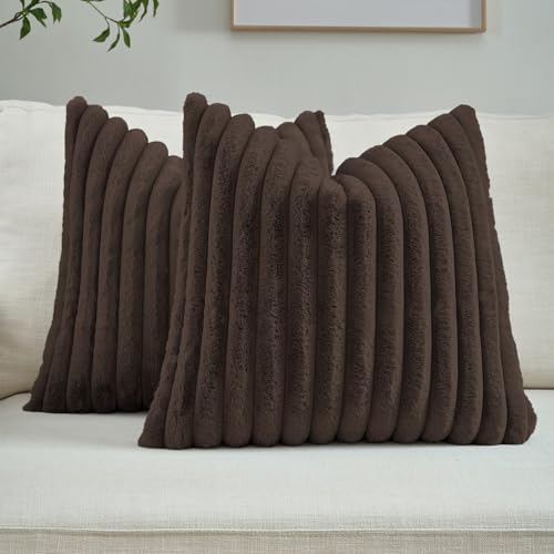 FUTEI Pack of 2 Fluffy Faux Fur Throw Pillow Covers 18x18 Inch Elegant Striped Textured Decorative Cushion Cases Modern Accent Pillow for Couch Bed Living Room Dark Coffee - Image 1