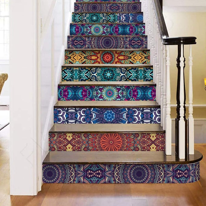 13 STRIPS STAIR STICKERS PVC HOME DECOR DECALS SELFADHESIVE REFURBISHED STAIRCASE MURALS 39L X 7W TILES PATTERN MANDALA STYLE