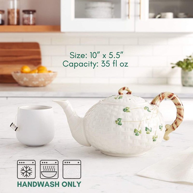 Belleek Belleek Classic Shamrock Fine Parian China Tea Pot  35 oz Irish Handmade Loose Leaf Teapot  Microwave Safe Ceramic Tea Pot  Porcelain Teapot for Tea Service Decorative Teapots  Coffee Servers  - Image 2