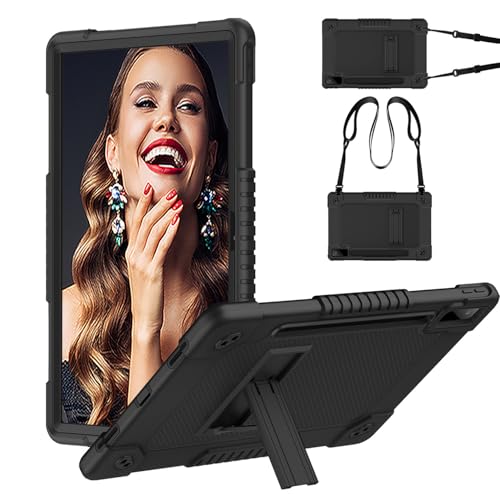 Kebiory for Lenovo Tab P12 12.7 inch 2023 TB370FU Heavy Duty Cover with Kickstand Shoulder Strap Built in Pen Holder Kids Friendly Shell Case for Lenovo Tab P12 / Lenovo Xiaoxin Pad Pro 12.7" (Black) - Image 1