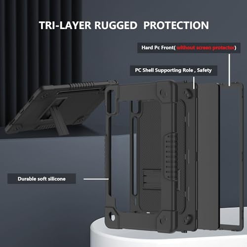 Kebiory for Lenovo Tab P12 12.7 inch 2023 TB370FU Heavy Duty Cover with Kickstand Shoulder Strap Built in Pen Holder Kids Friendly Shell Case for Lenovo Tab P12 / Lenovo Xiaoxin Pad Pro 12.7" (Black) - Image 4