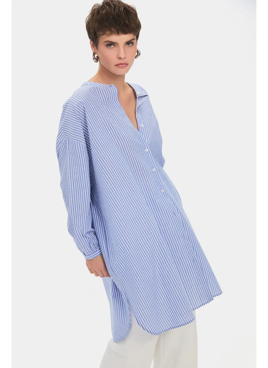 جون Women's Exclusive Wide Cut Judge Collar Striped 100% Cotton Shirt Dress