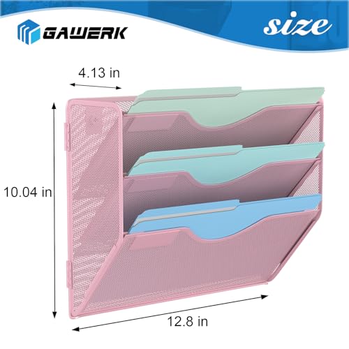 Gawerk 3 Tier Hanging Wall File Organizer, Mesh Mail Paper Orgnization Hanging File Folder Holder for Home Office, Pink - Image 2