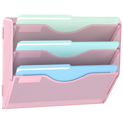 Gawerk 3 Tier Hanging Wall File Organizer, Mesh Mail Paper Orgnization Hanging File Folder Holder for Home Office, Pink - Image 1