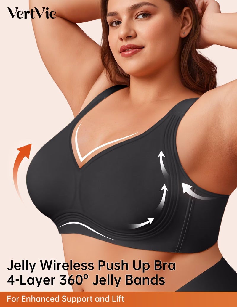 Vertvie Jelly Bras for Women Plus Size Minimizer Soft Wireless Push Up Bra Full Supportive Older Lift Back Coverage Bralette(Black,40D) - Image 2