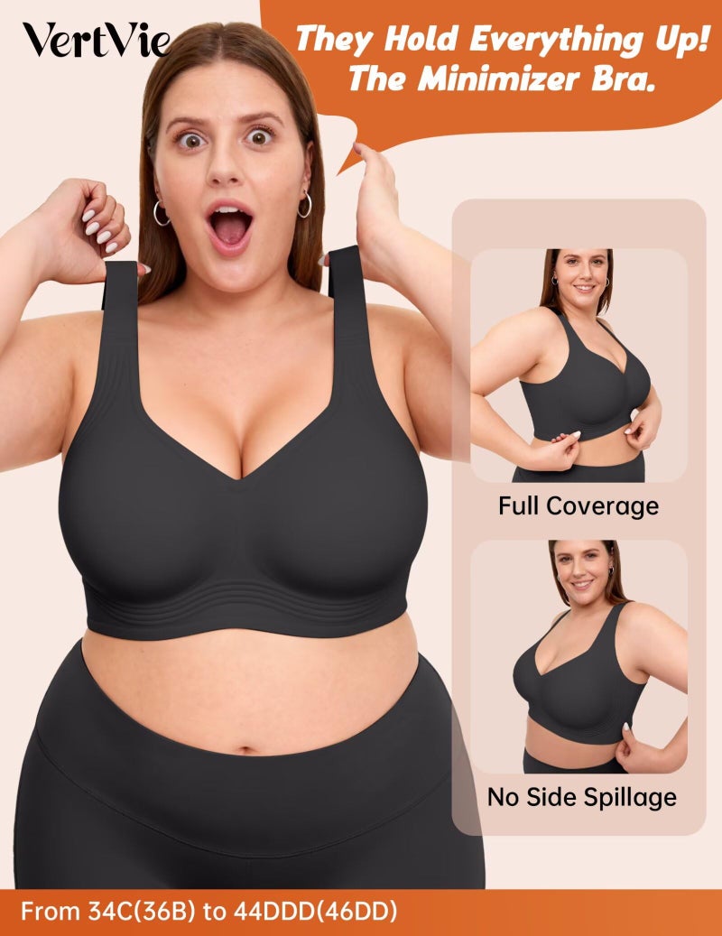 Vertvie Jelly Bras for Women Plus Size Minimizer Soft Wireless Push Up Bra Full Supportive Older Lift Back Coverage Bralette(Black,40D) - Image 3