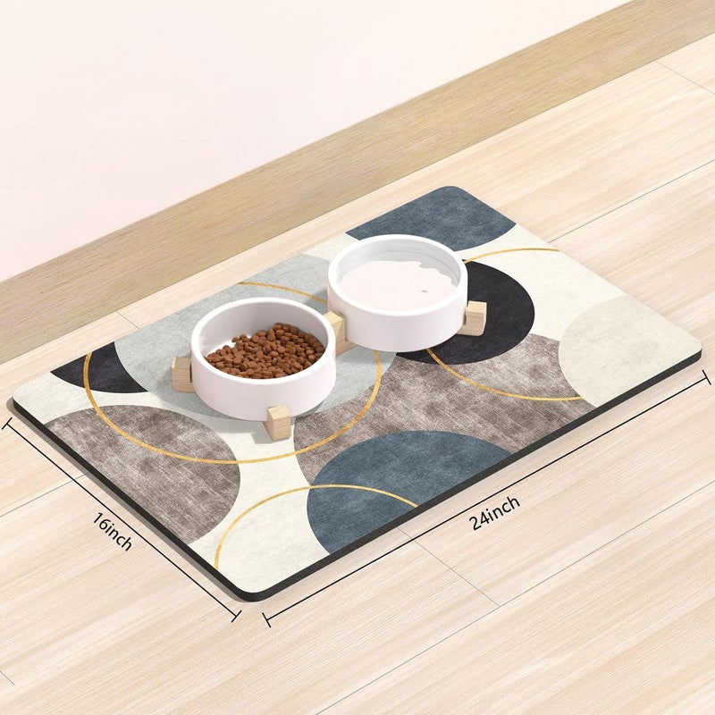 Rnivvi Dog Food Mat, 16" x 24" Boho Absorbent Dog Cat Bowl Mat for Food and Water, Cute Anti-Slip Rubber Pet Feeding Rug Protect Floors, Puppy Placemat for Feeding & Watering Supplies, Abstract Circle - Image 2